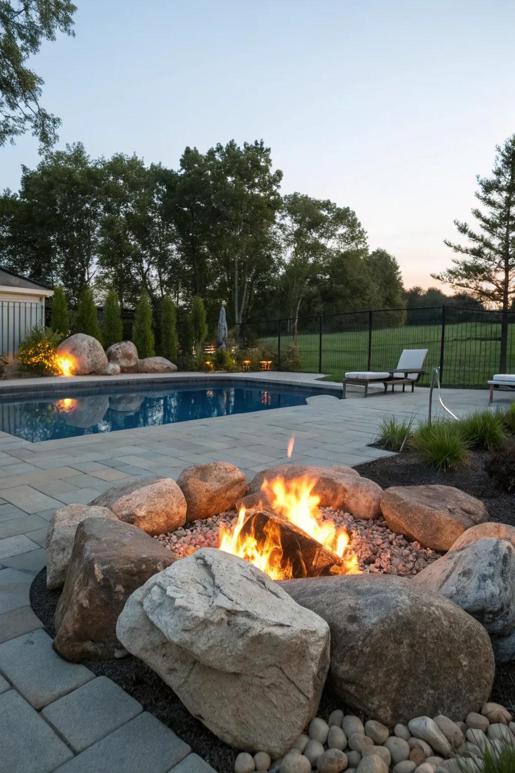Natural stone surrounds create a rustic and elegant fire pit area.