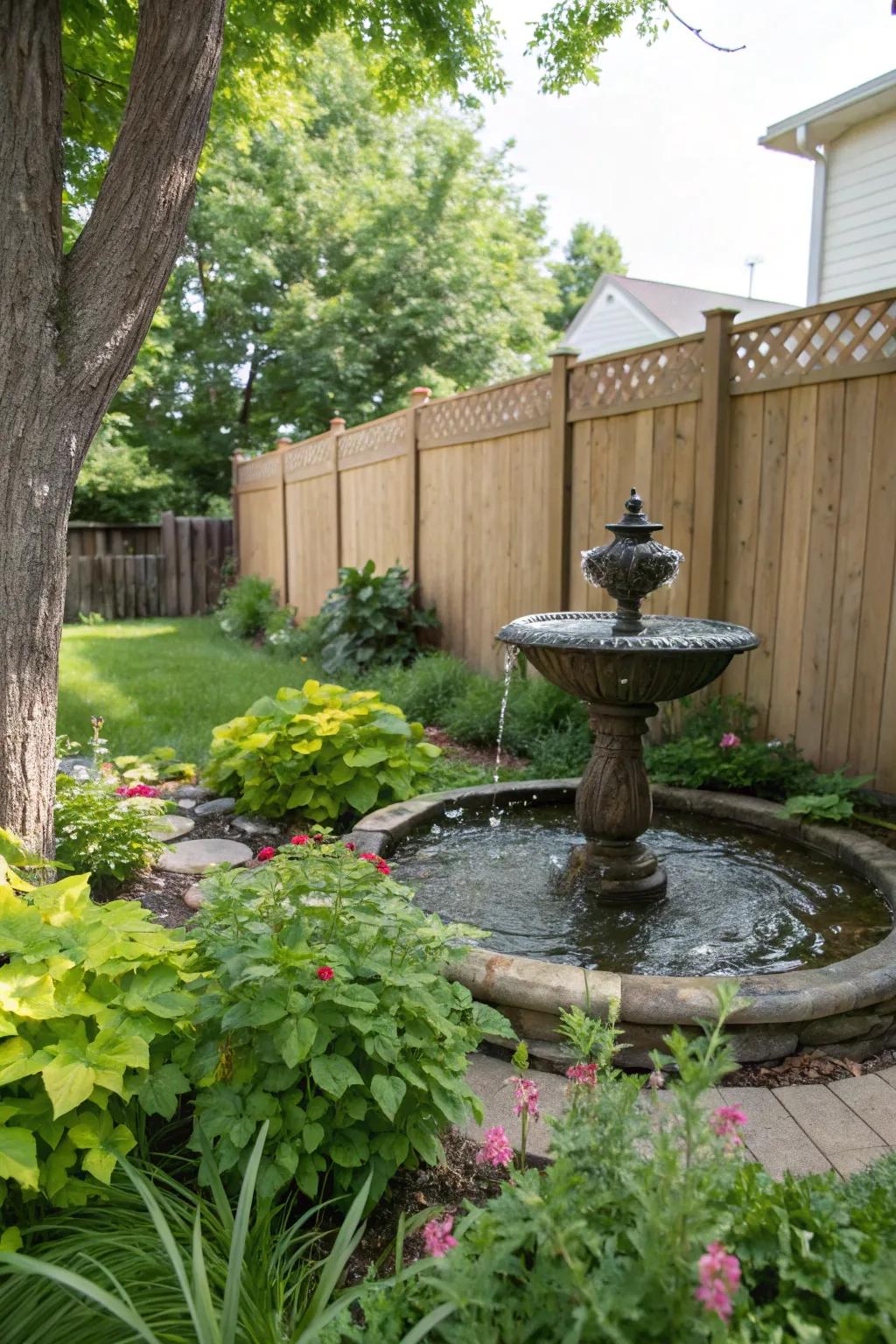 A tranquil fountain enhances the garden's serenity.