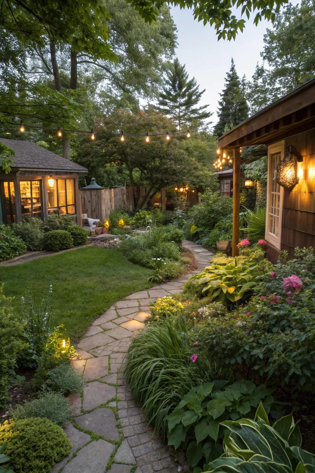 Use ambient lighting to highlight your lush garden and pathways at night.
