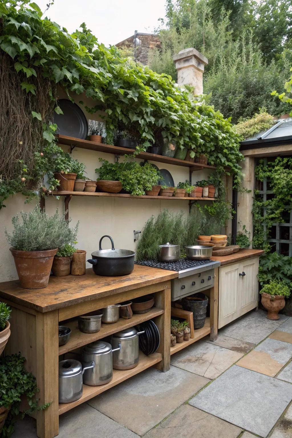 An outdoor kitchen beautifully surrounded by lush potted herbs and climbing plants.