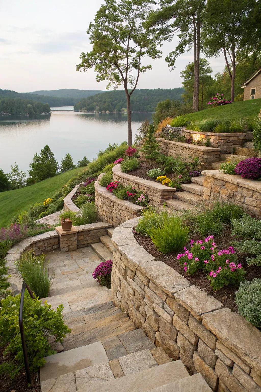 Terraced landscaping adds depth and dimension to your lakeside view.