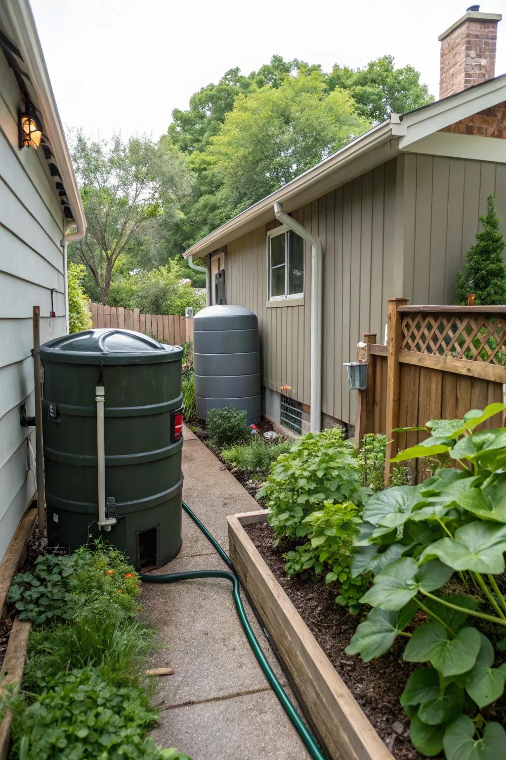 A sustainable Milwaukee backyard featuring rainwater harvesting and composting.