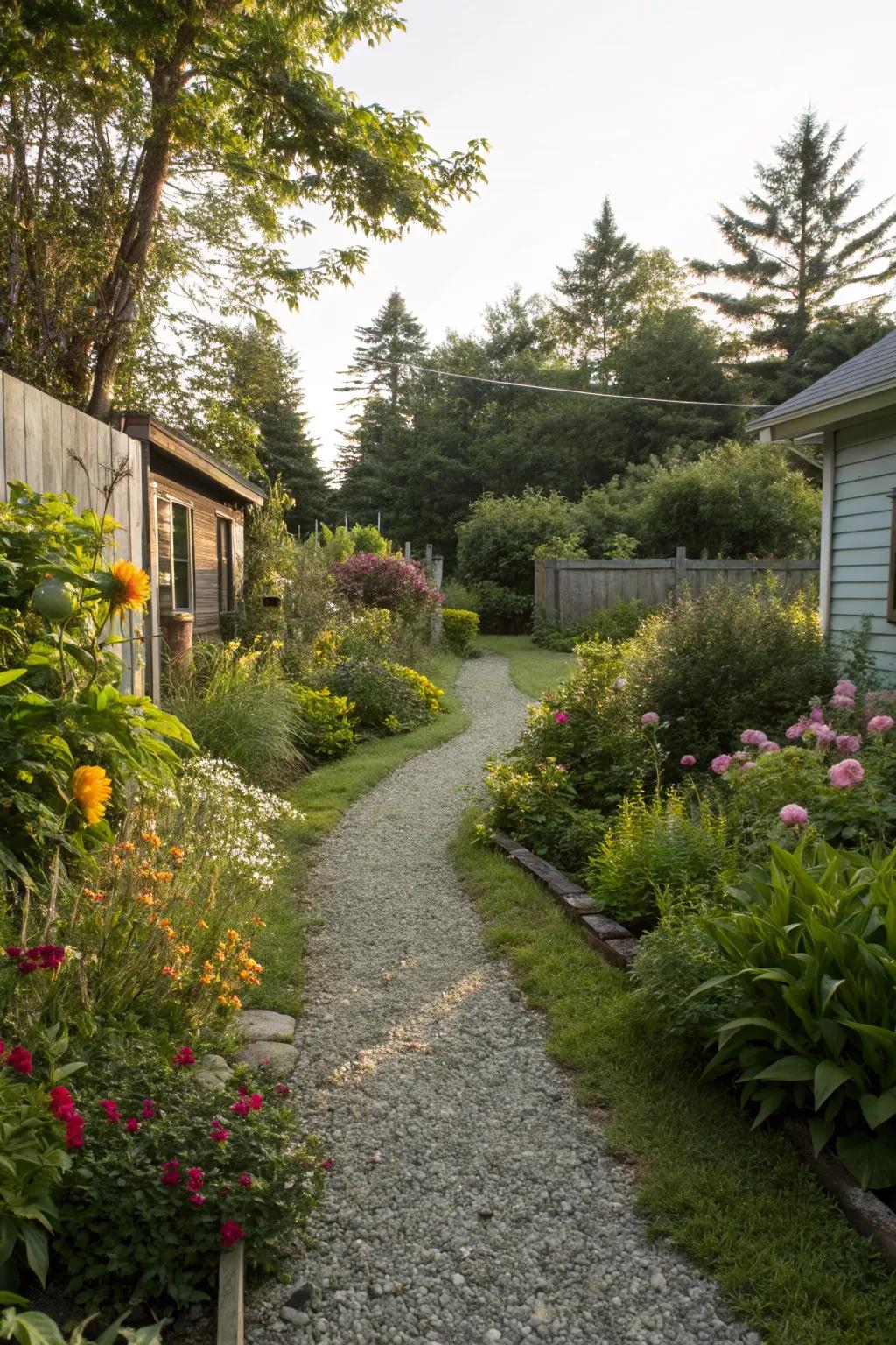 A charming gravel pathway leading through a garden.