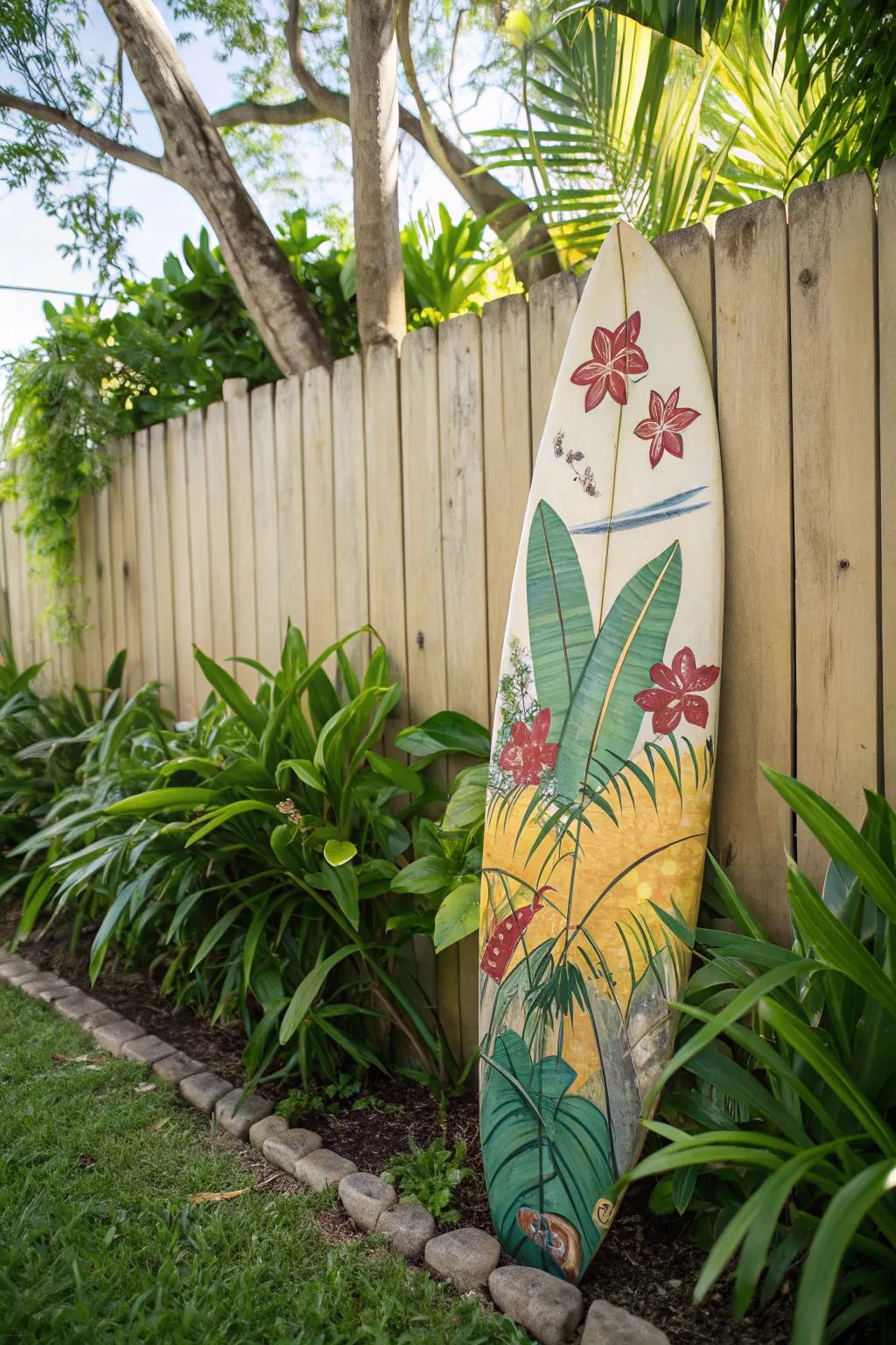 A surfboard adds an authentic island touch to your decor.