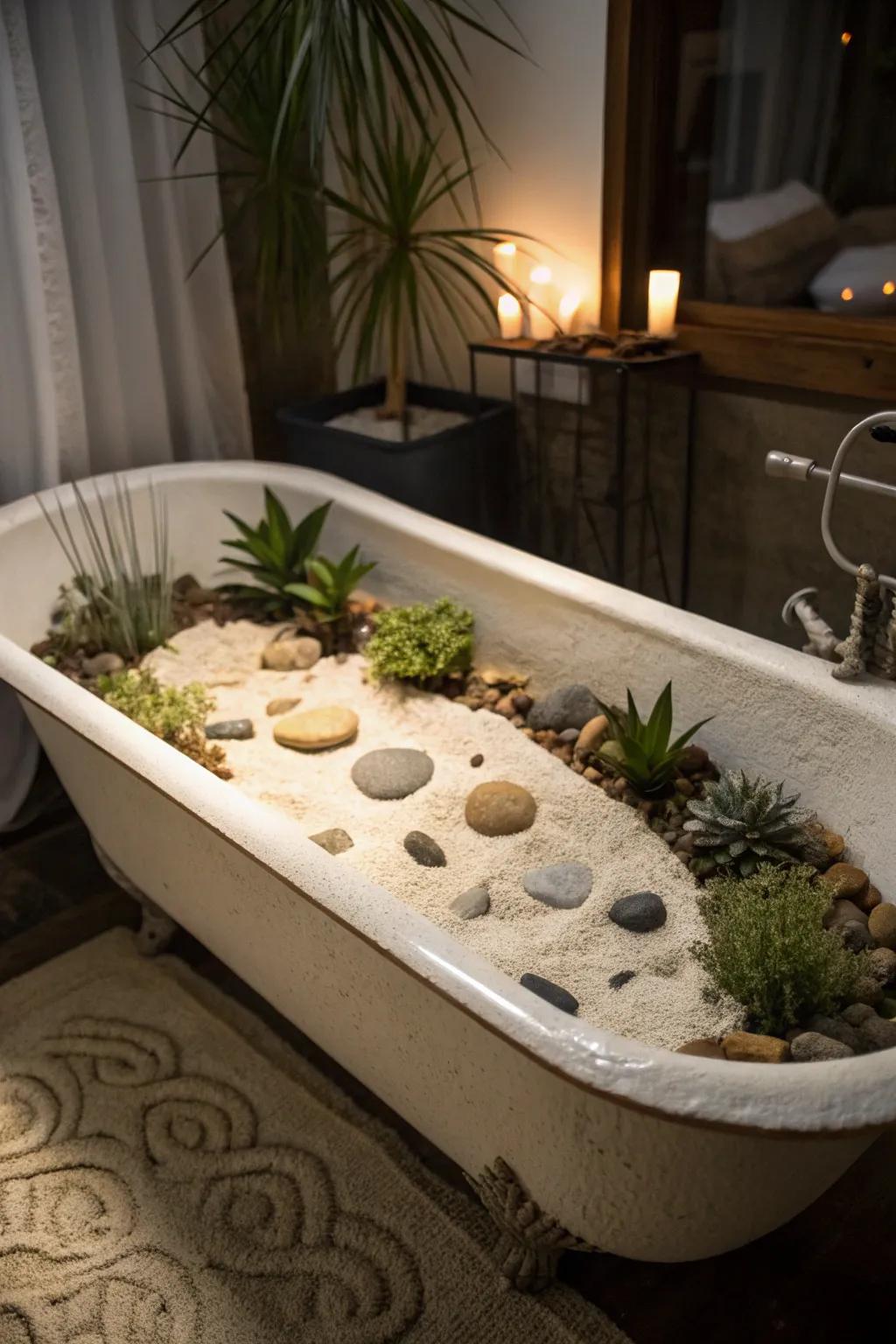 A peaceful Zen garden feature using an old bathtub.
