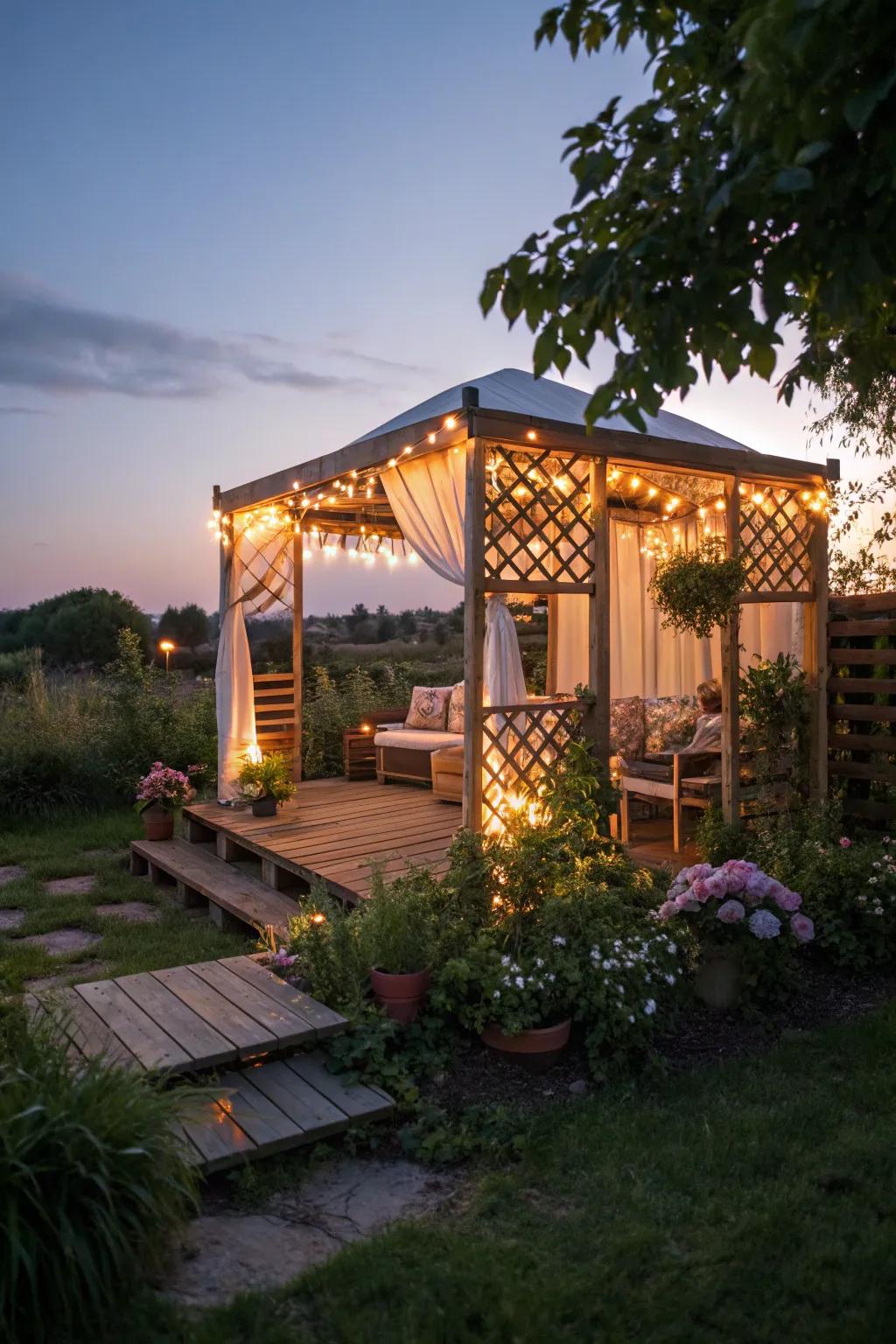 Twinkling lights add a magical touch to your evening gazebo gatherings.