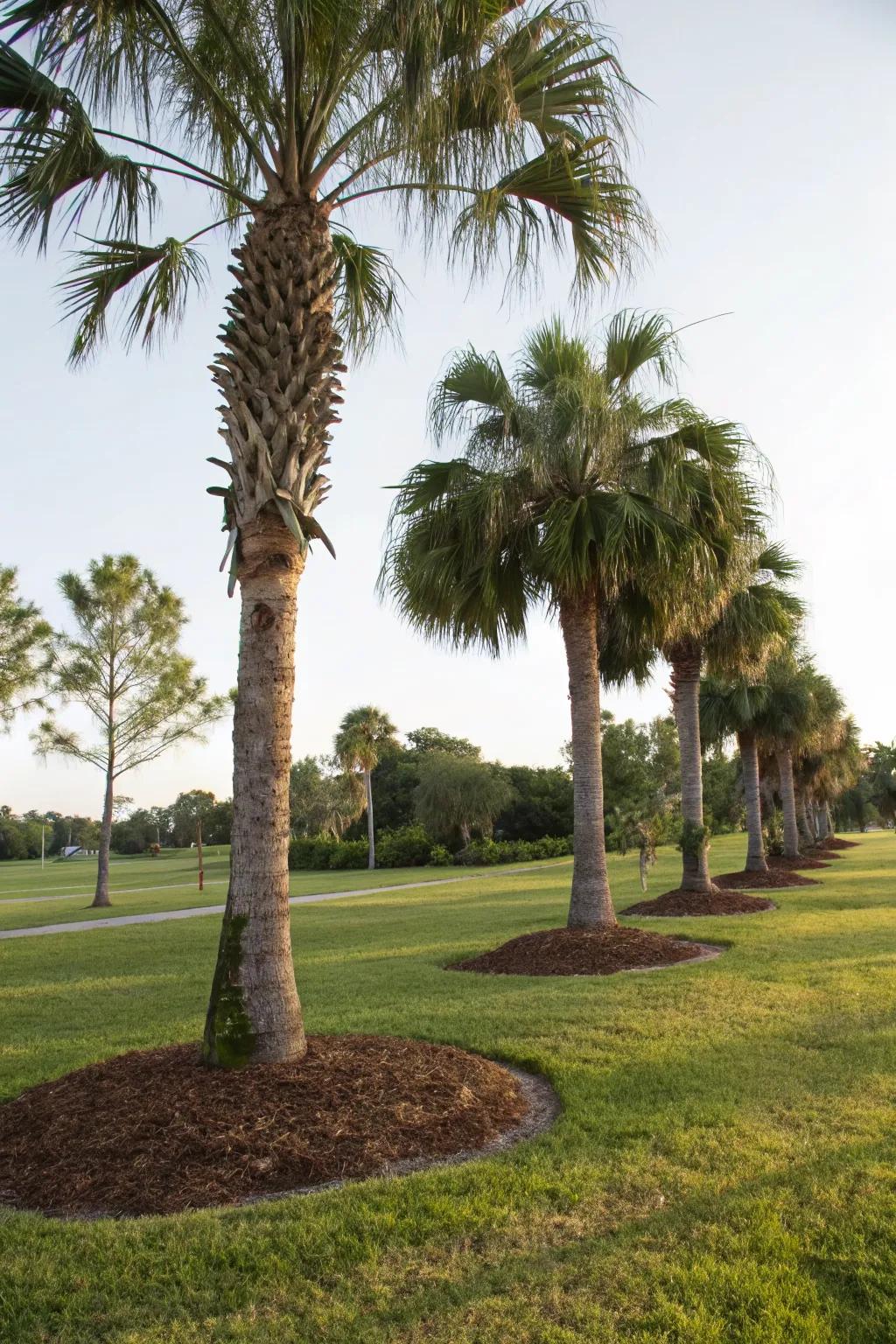 Mulch and grass add texture and freshness to palm landscapes.