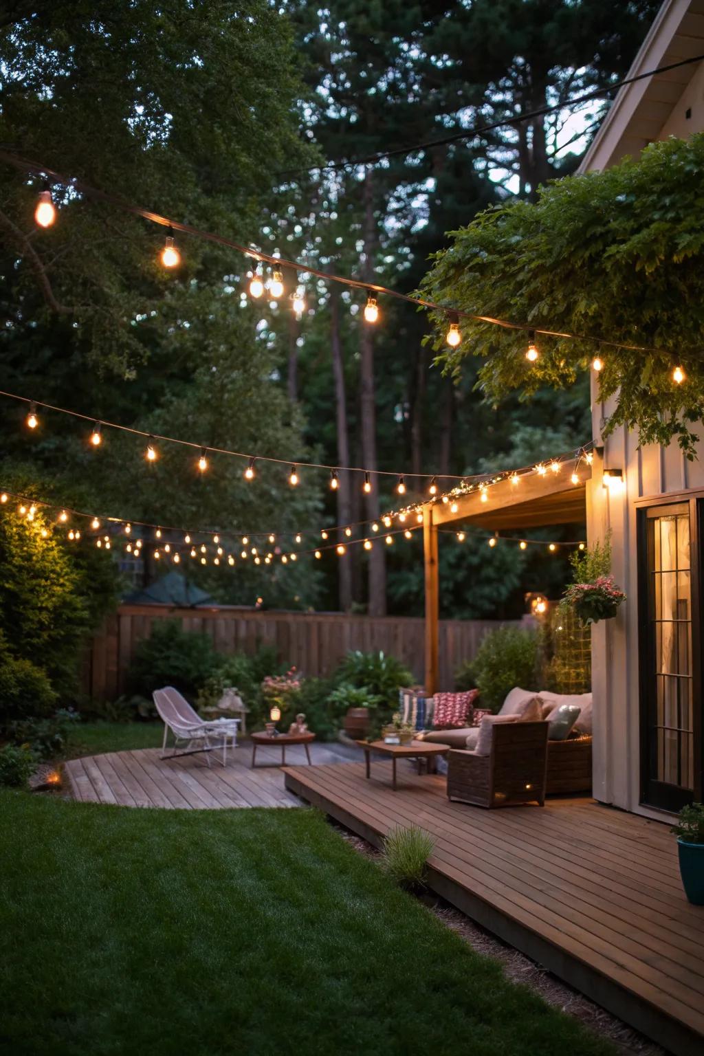 String lights add a magical touch to outdoor spaces.