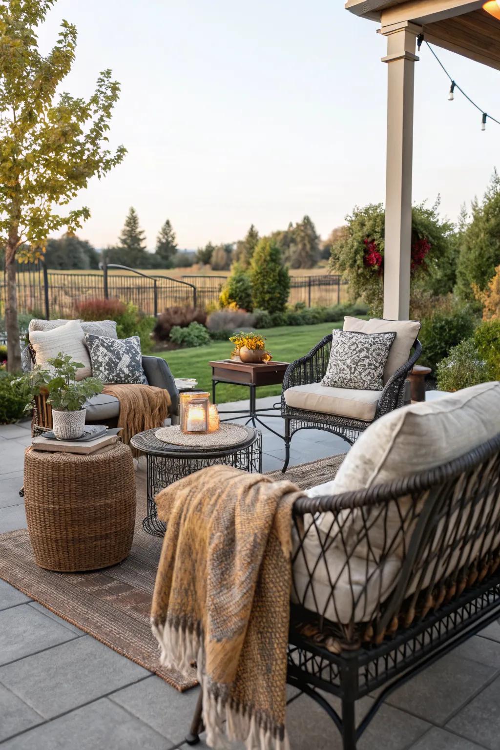 A mix of textures with wicker, metal, and soft fabrics