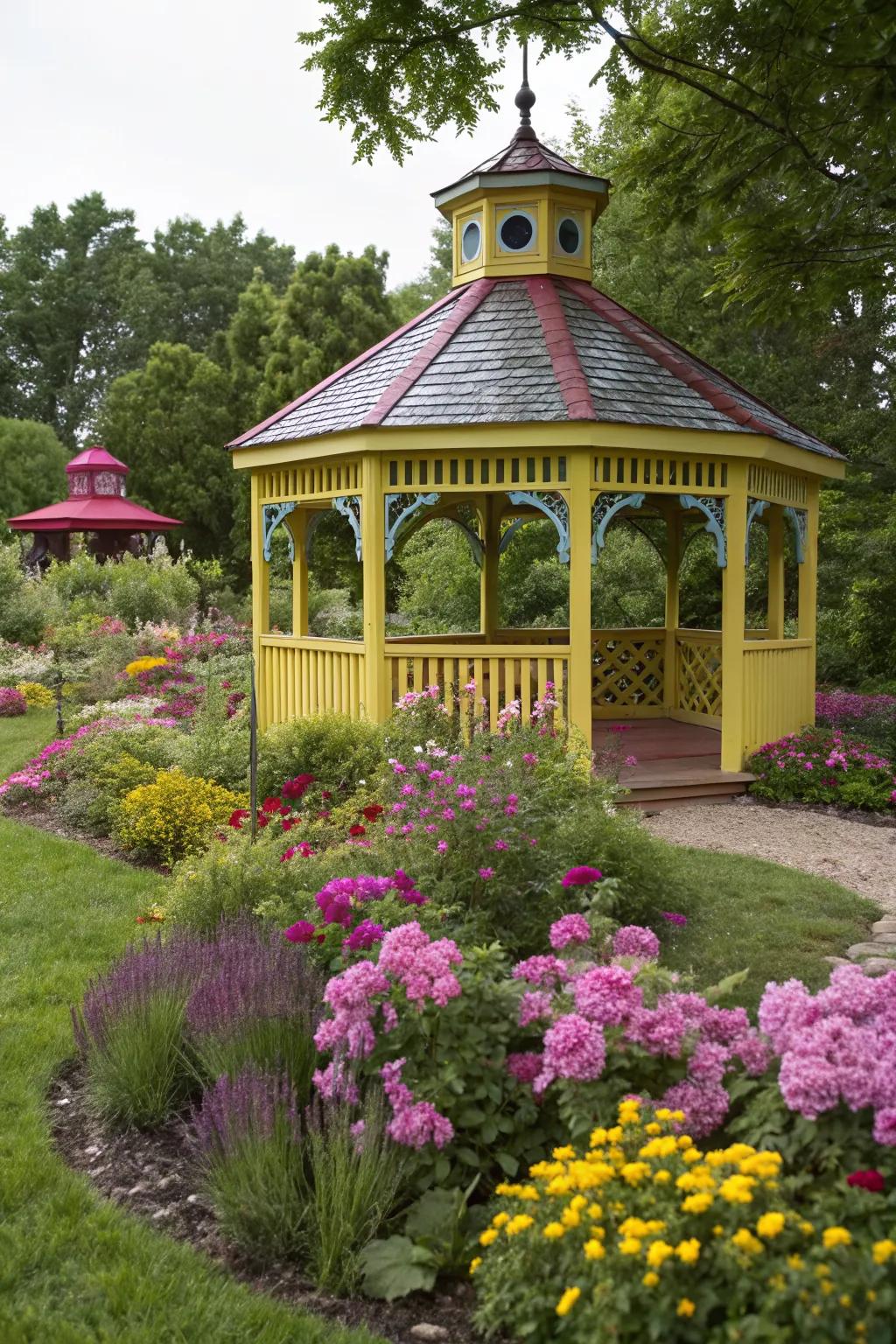 A gazebo bursting with bold, cheerful colors.