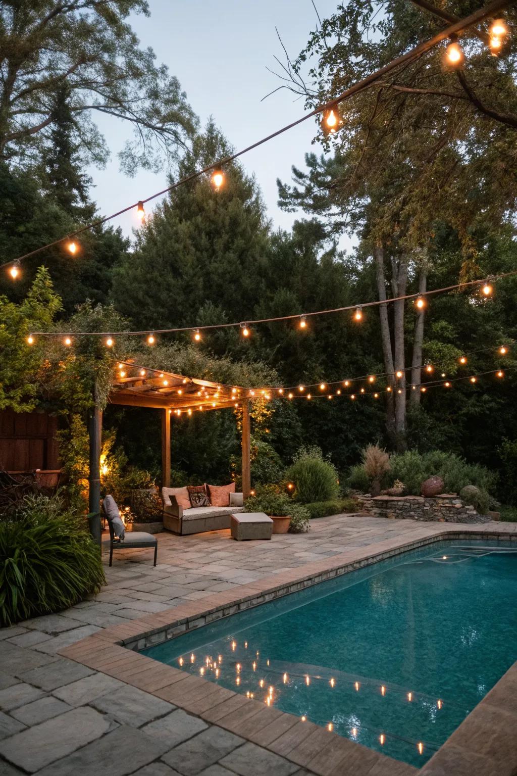 Enchanting string lights casting a magical glow over the pool area.