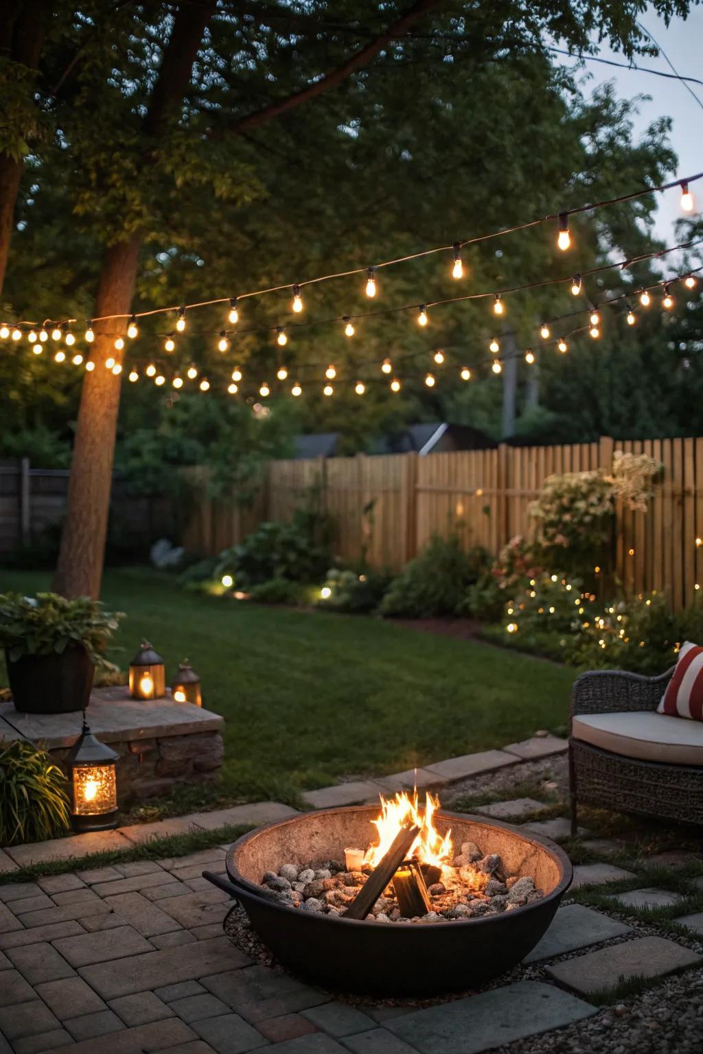 Enhance the warmth of a fire pit with string lights.