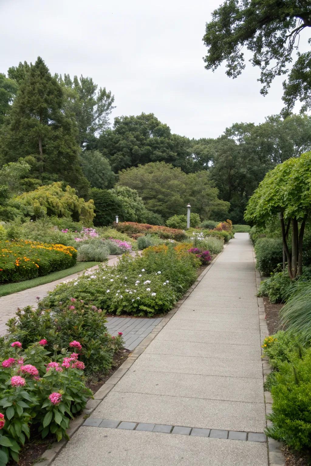 Pavement seamlessly integrated with garden plant borders.