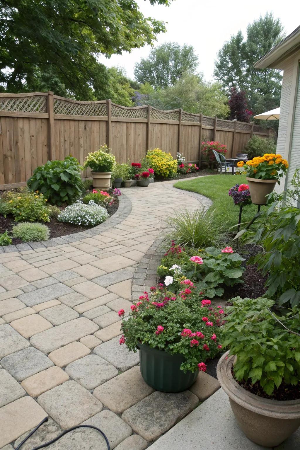 Lush greenery enhancing a paver patio