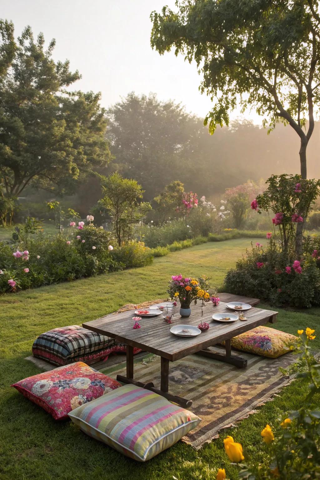 Casual and stylish with a low table surrounded by floor cushions.