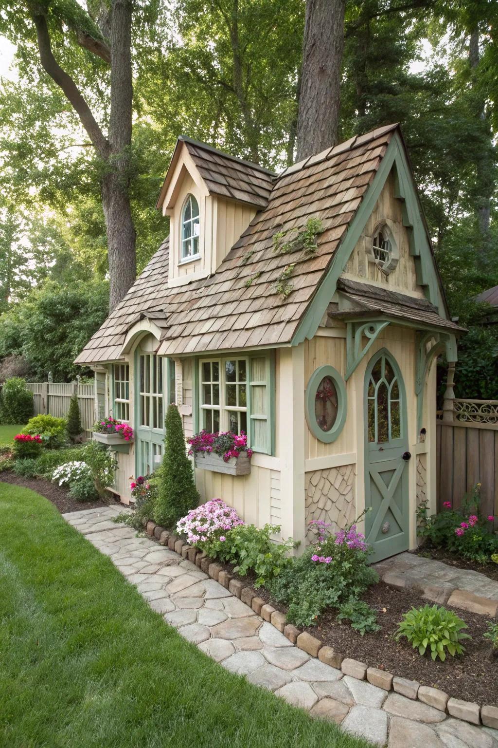 A storybook cottage playhouse brings fairy tales to life.