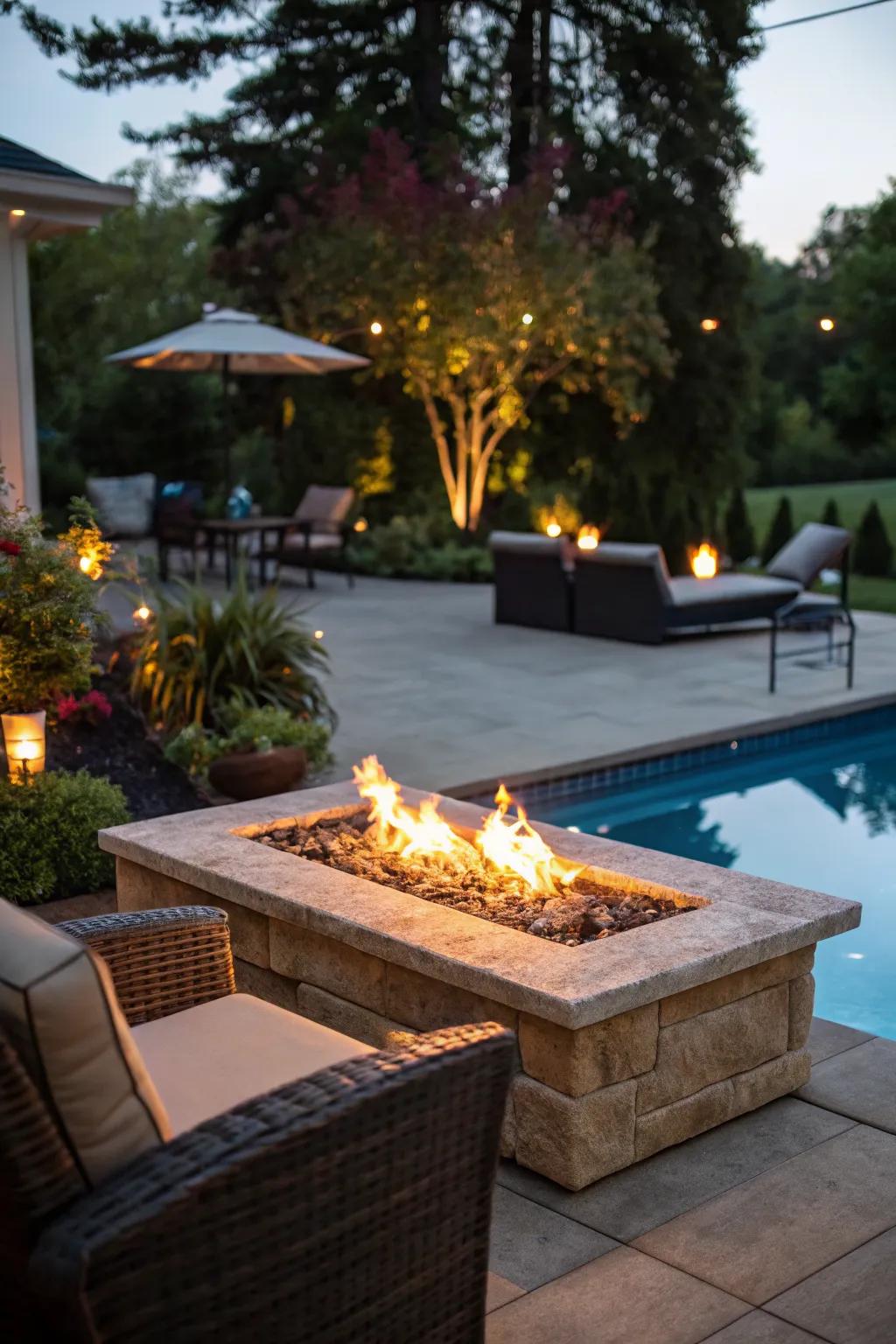A built-in fire feature creates a seamless transition from patio to pool.