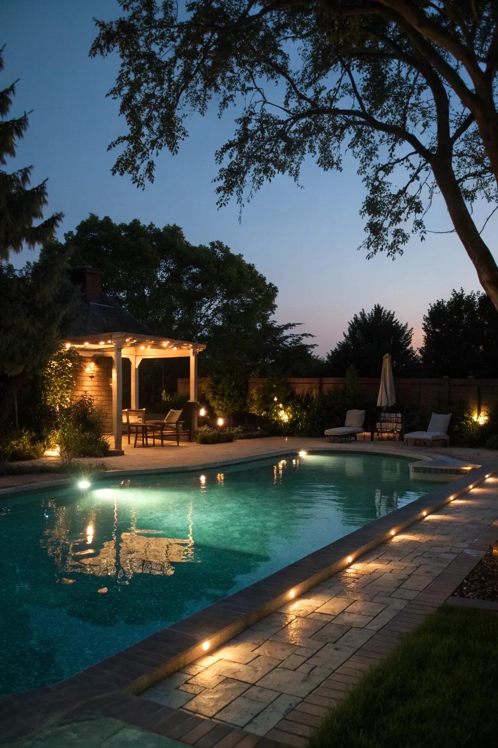 A serene pool area beautifully lit up with accent lighting for evening ambiance.