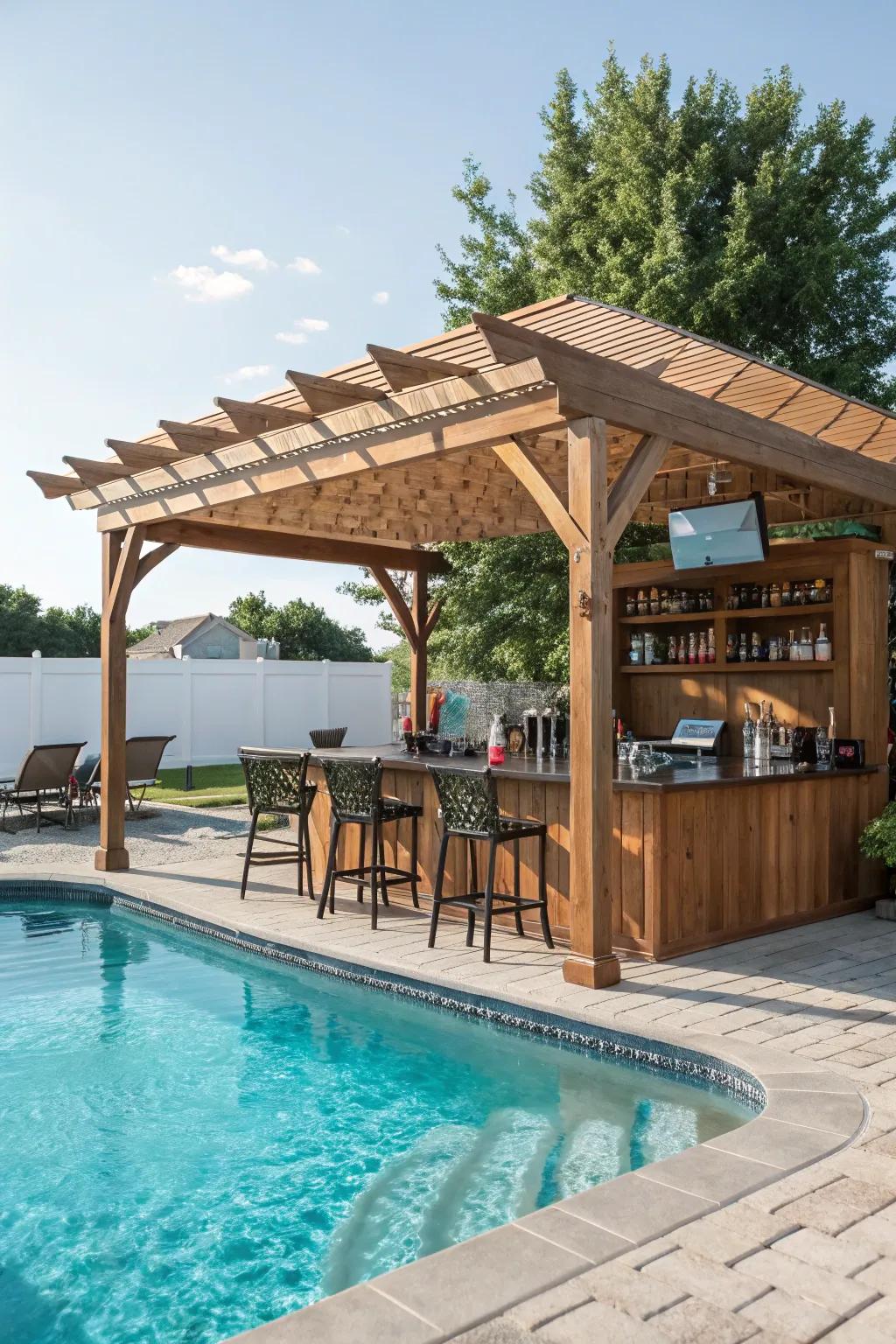 A pergola offers shade and style to your swim-up bar.