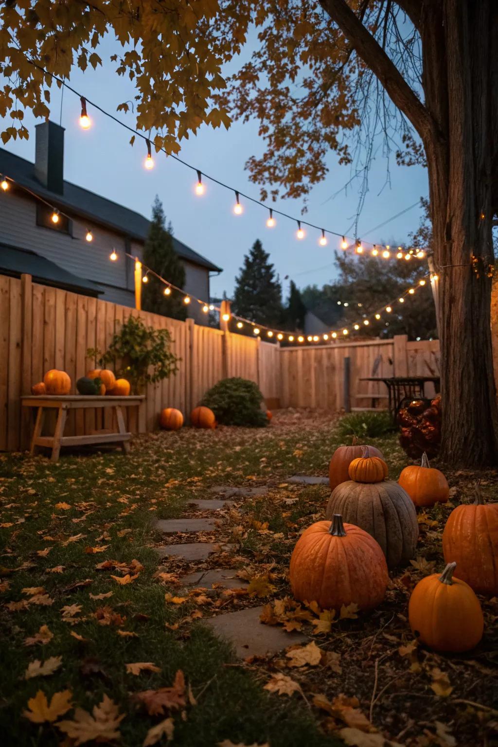 String lights add a warm glow to your pumpkin patch as night falls.