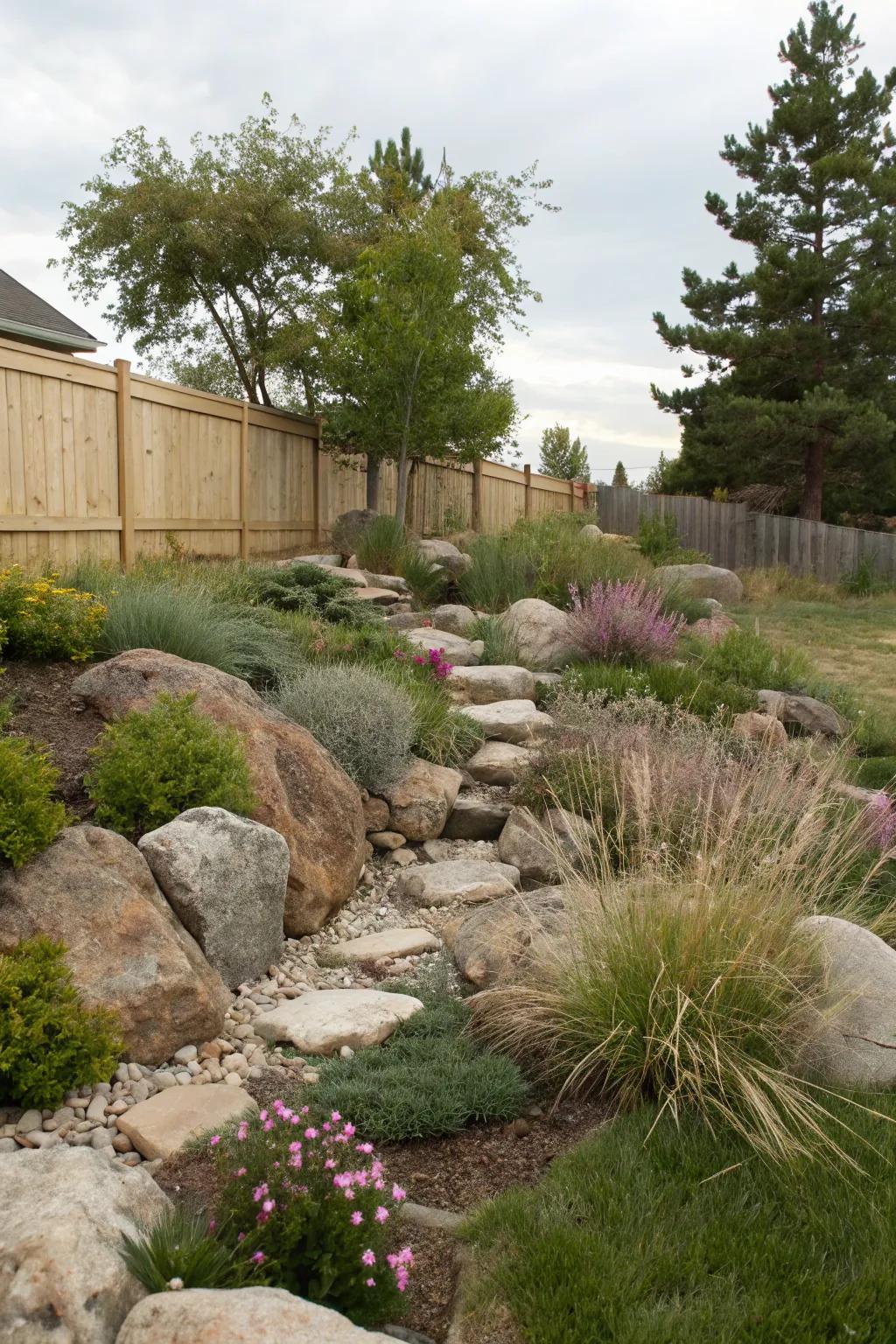 Achieve balance by pairing rocks with plants.