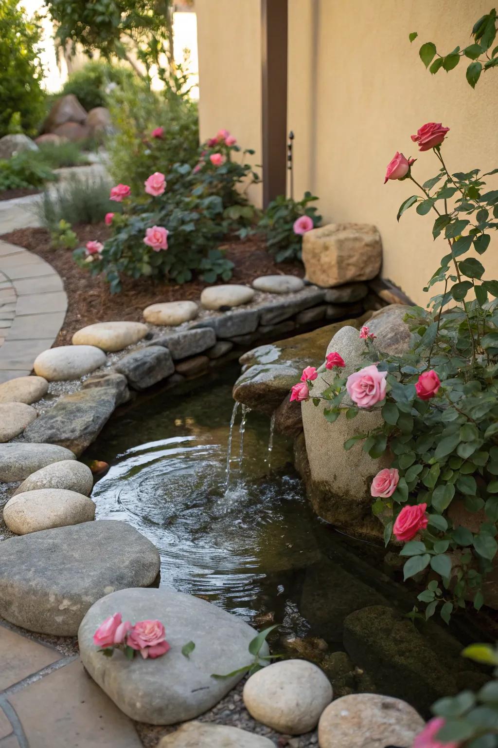 Natural elements like water features add tranquility and charm to rose gardens.