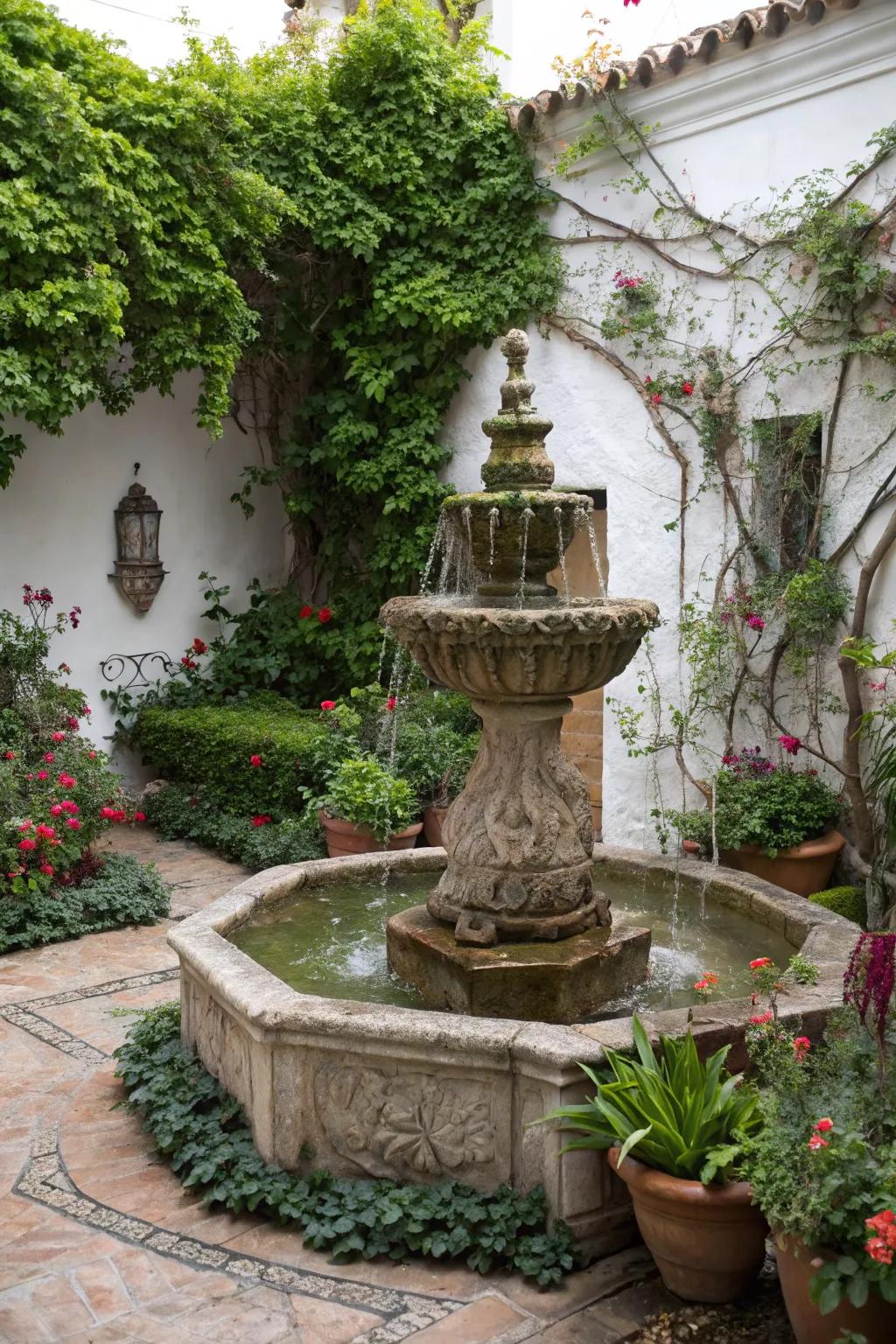 A water feature brings tranquility and elegance to any garden.