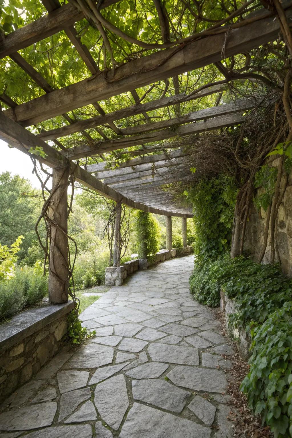 A wooden pergola adds shade and elegance to this stone patio.