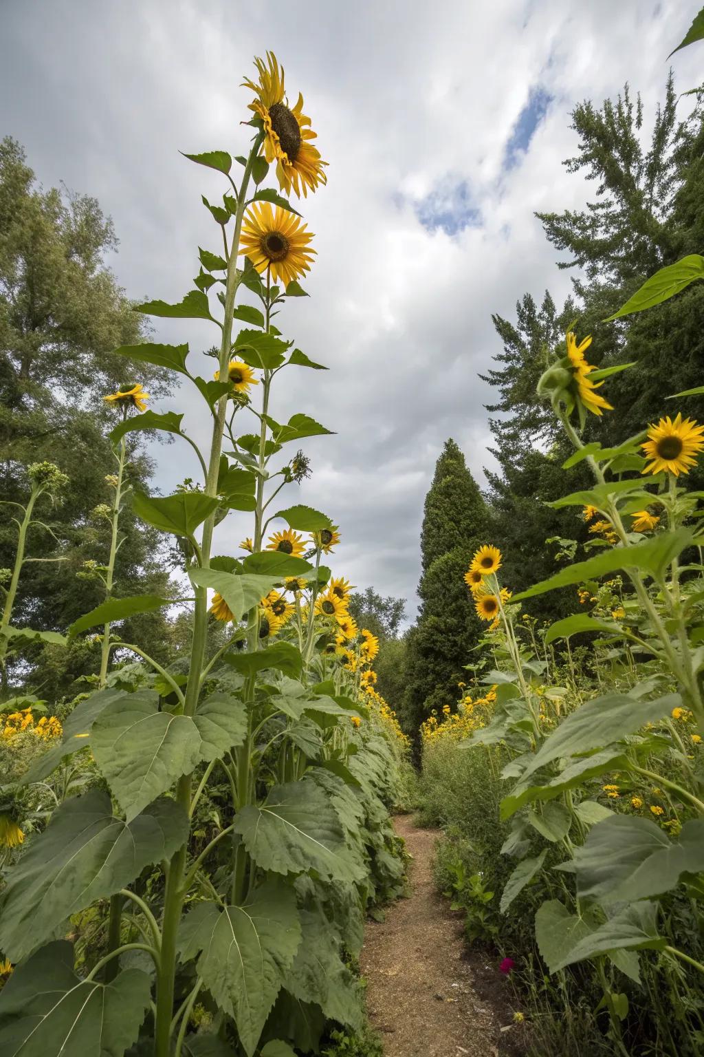 A dynamic garden with sunflowers of varying heights.