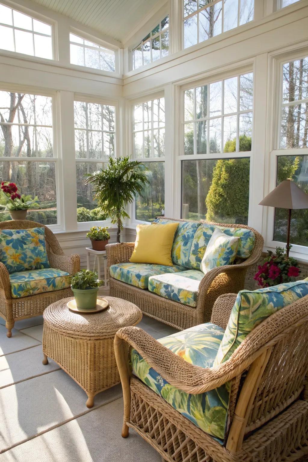 Durable and stylish weather-resistant furniture in a sunroom.