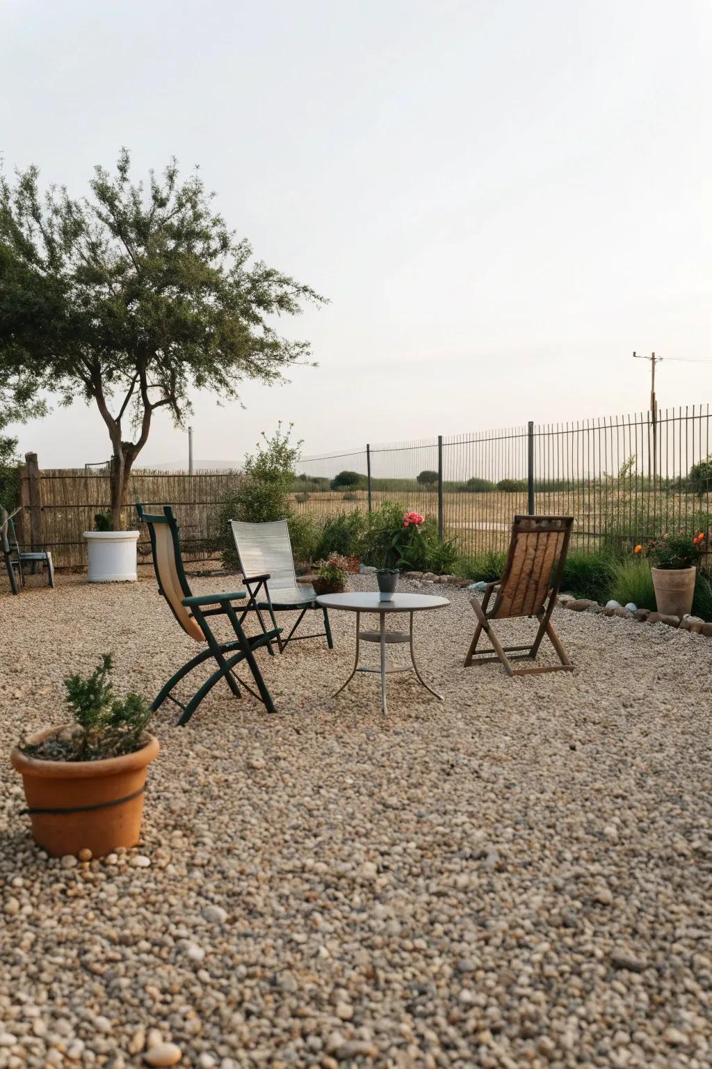 Pea gravel patios provide a casual and relaxed outdoor setting.