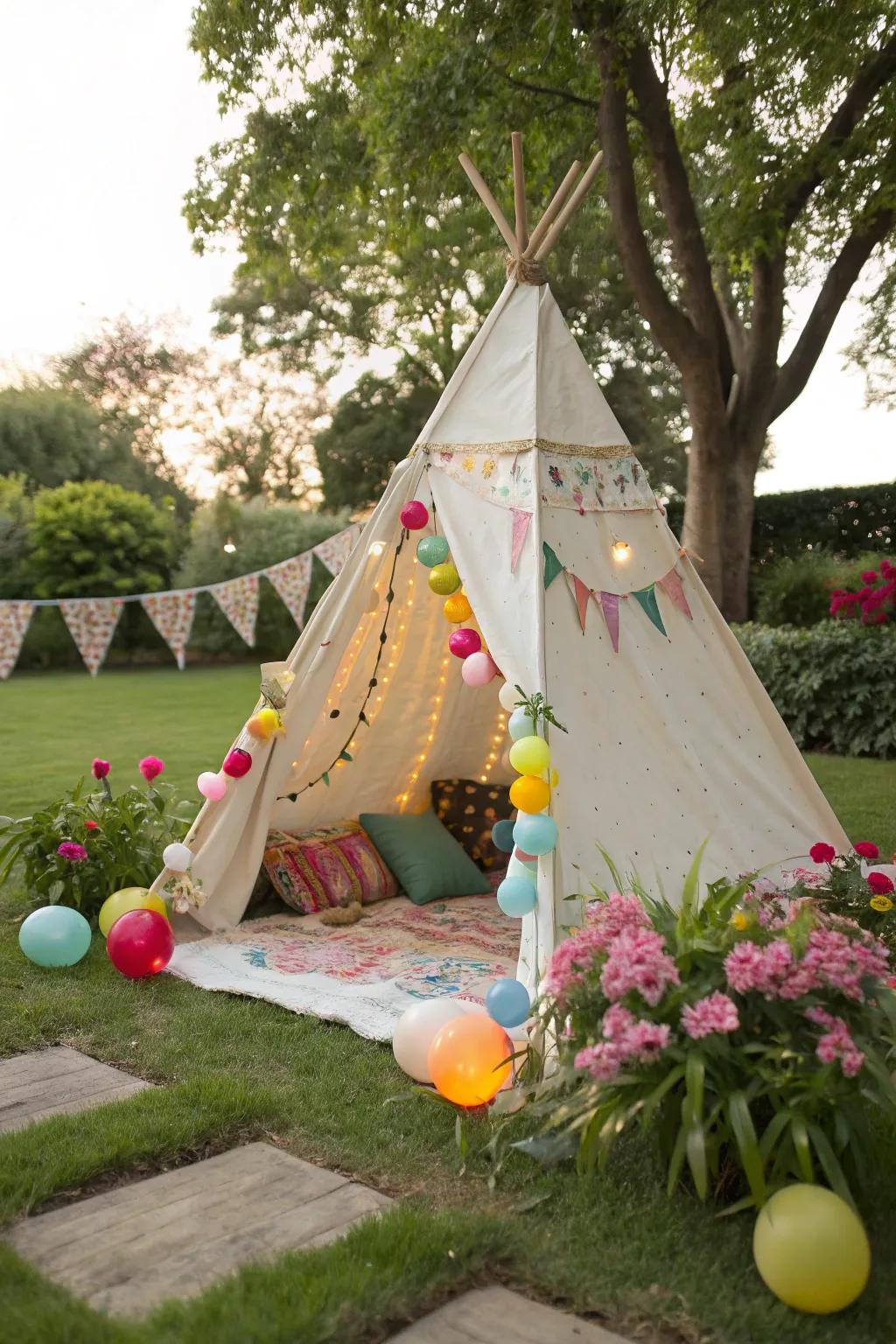 Add a touch of whimsy with a charming teepee tent in your backyard.