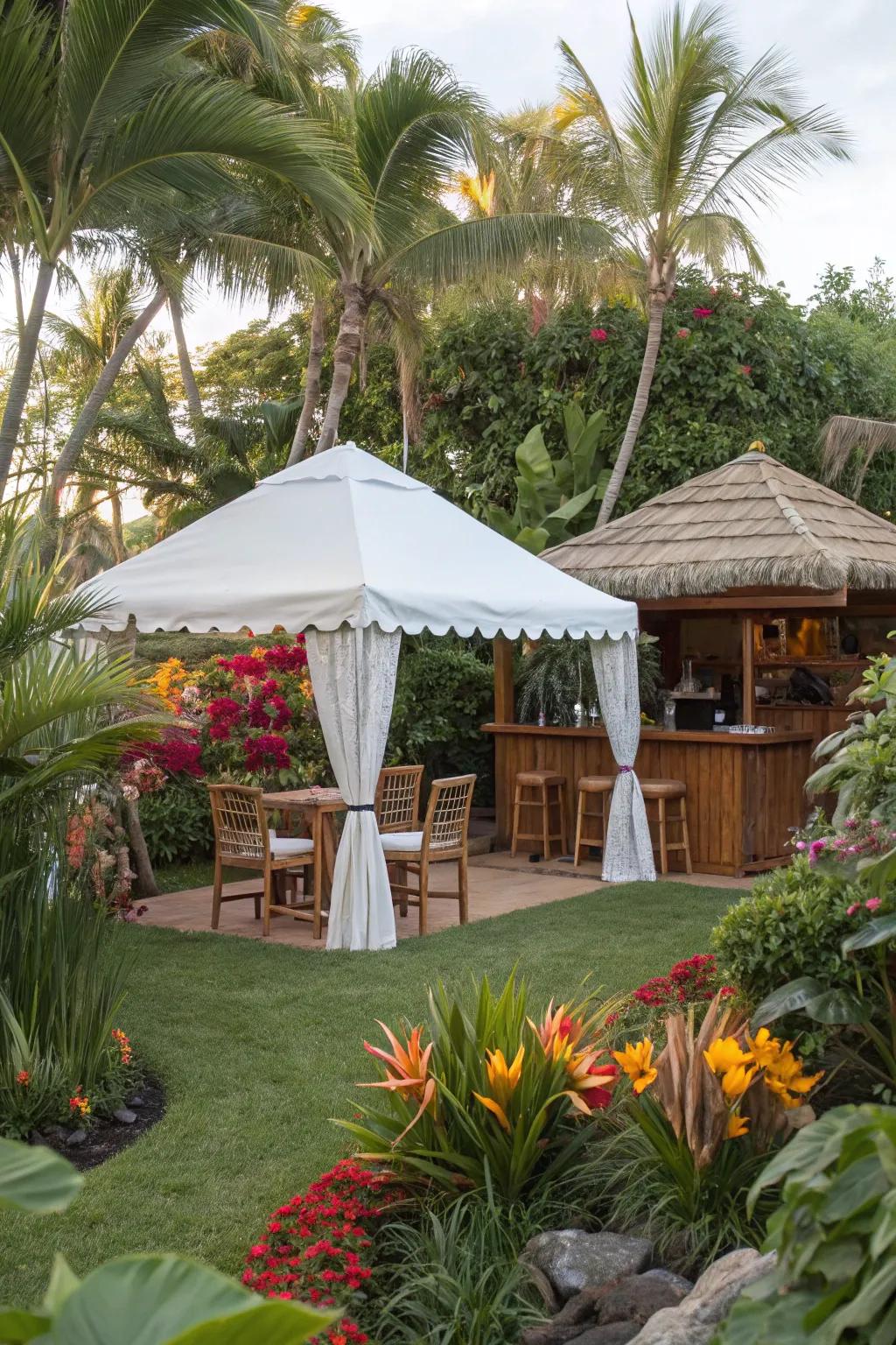 Transform your backyard into a tropical oasis perfect for a tent party.