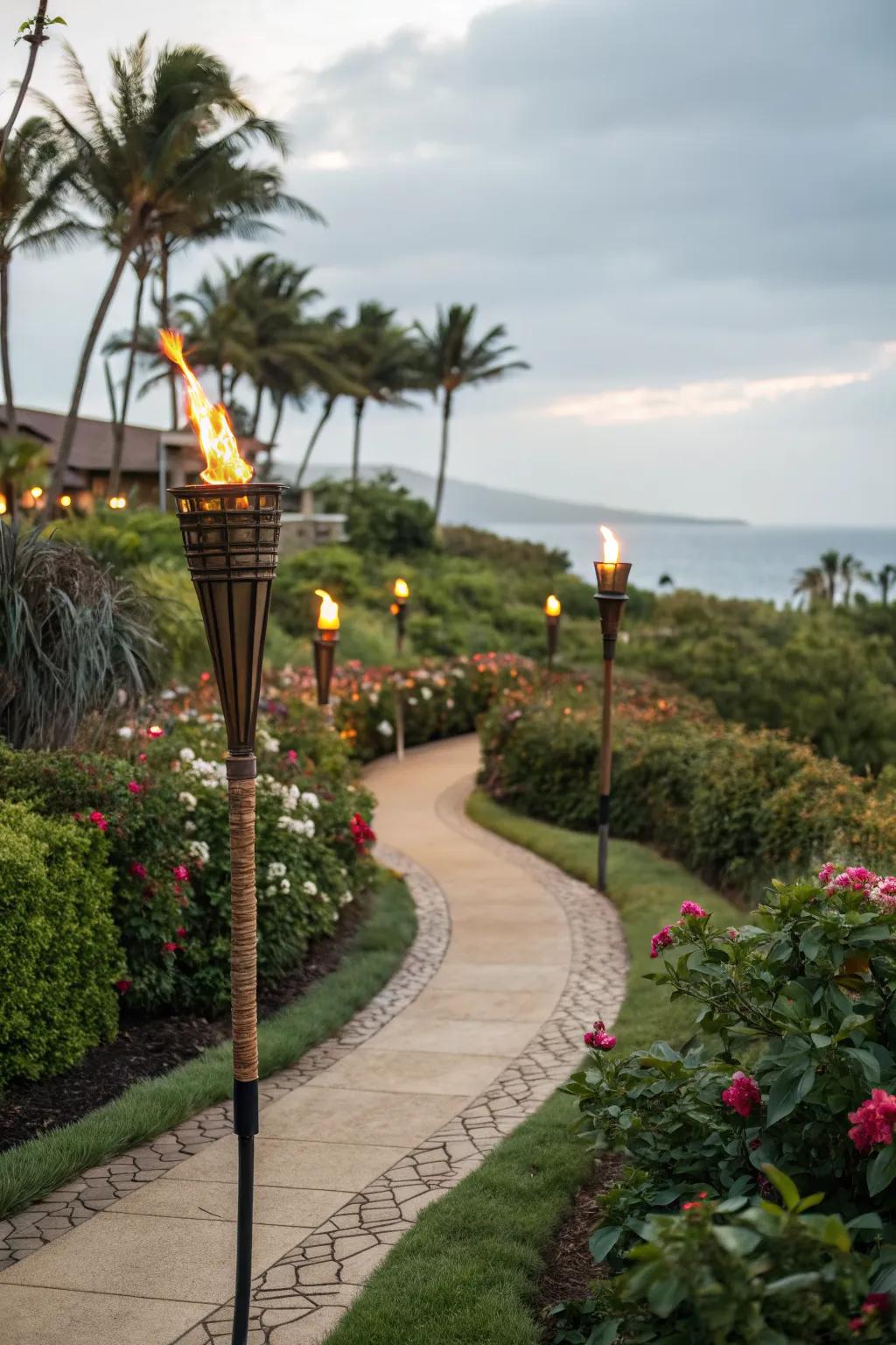 Guide your way with tiki torches lining the garden paths.
