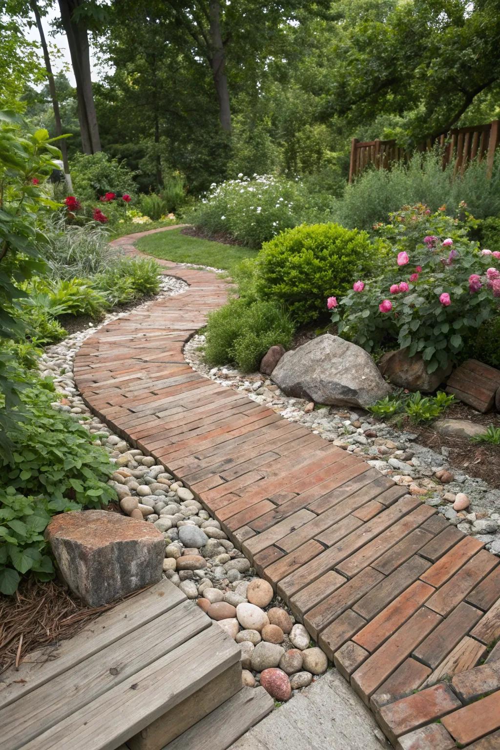 Mixed materials create a visually striking and unique garden path.