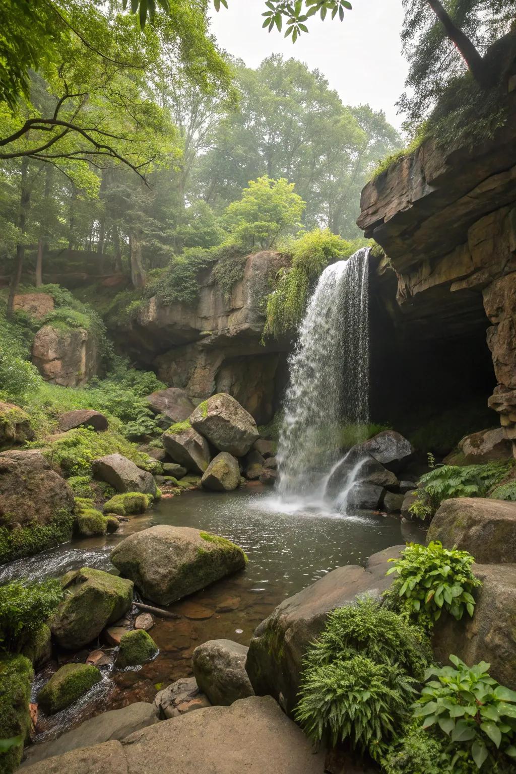A hidden grotto waterfall offers a secluded and enchanting garden retreat.