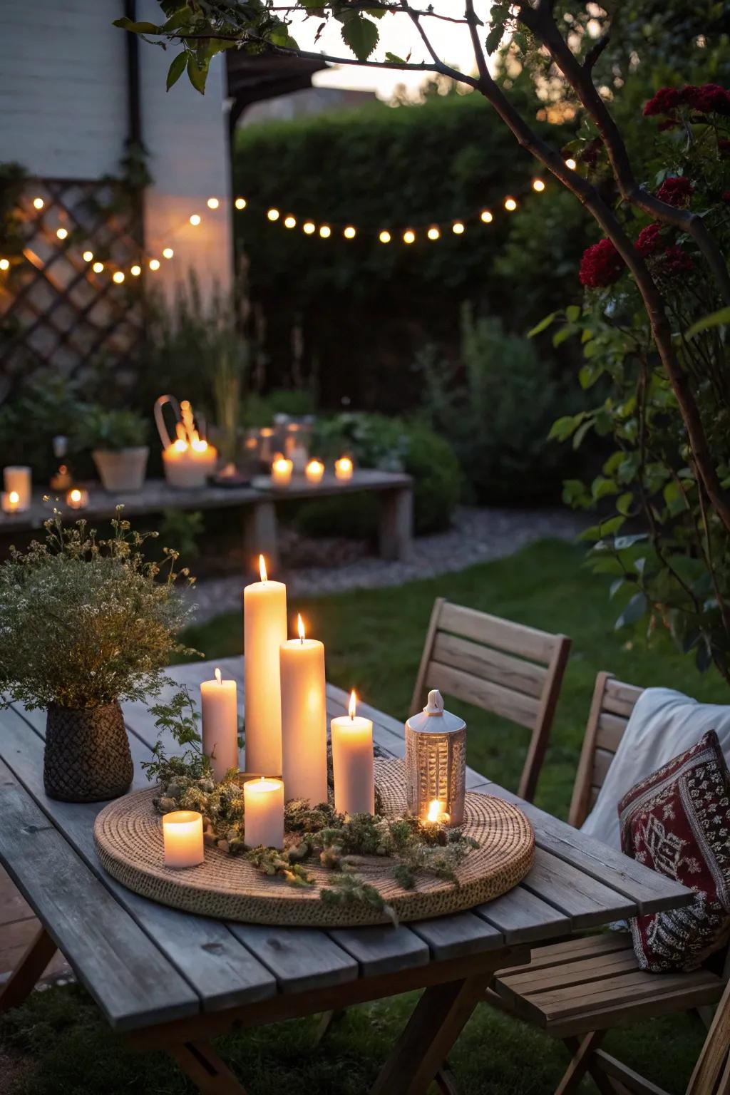 Candle clusters offer a warm and intimate glow to any outdoor setting.