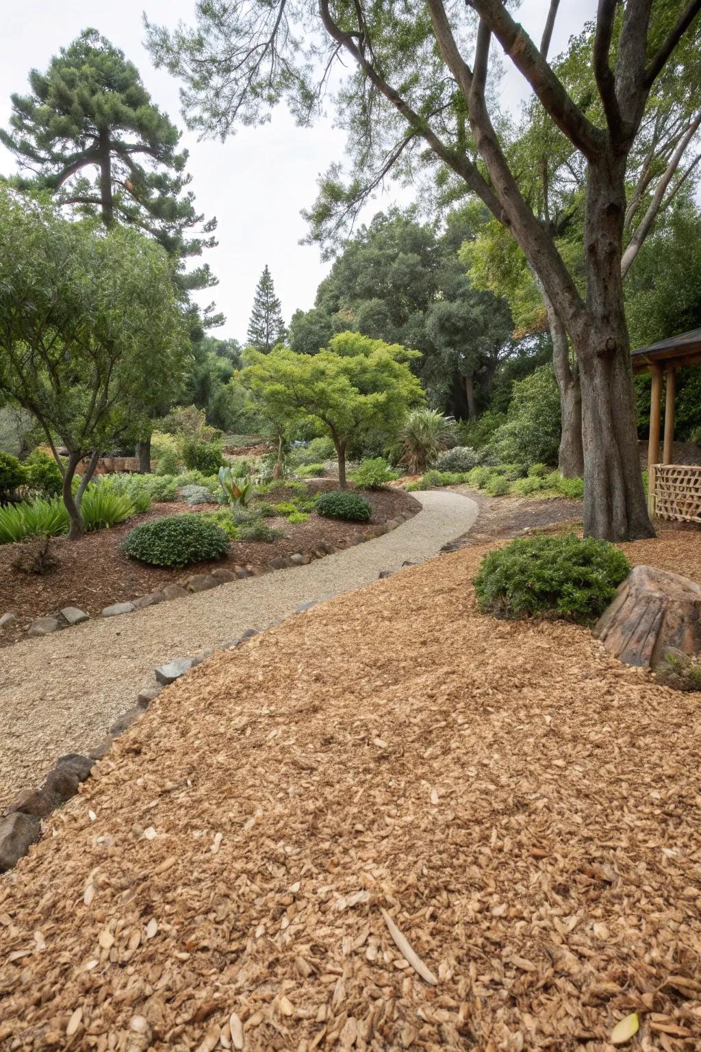 A large section of the garden seamlessly covered with wood chips.