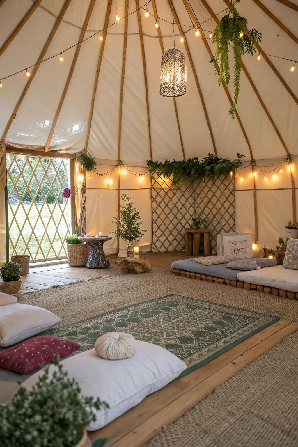 A yurt transformed into a tranquil meditation haven.