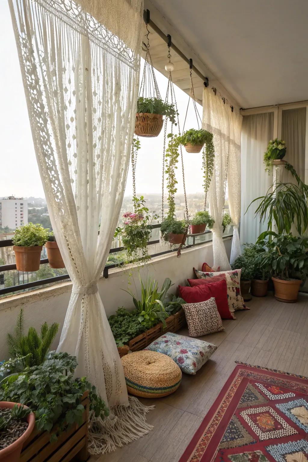 Macrame curtains offer a boho-chic vibe to any balcony.
