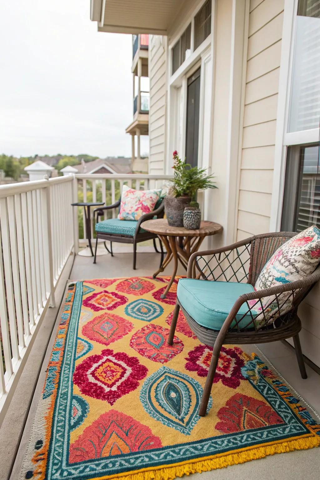 Outdoor rugs add color and comfort to your balcony setup.