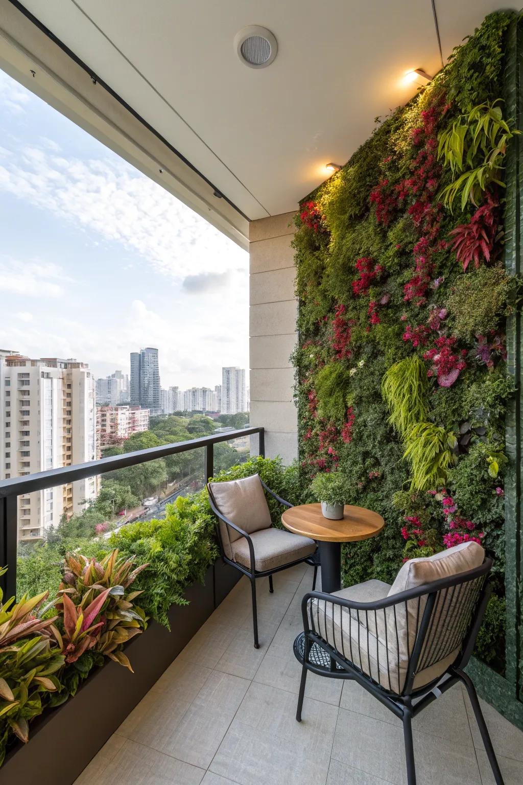 Balcony with a vibrant green wall and cozy seating.