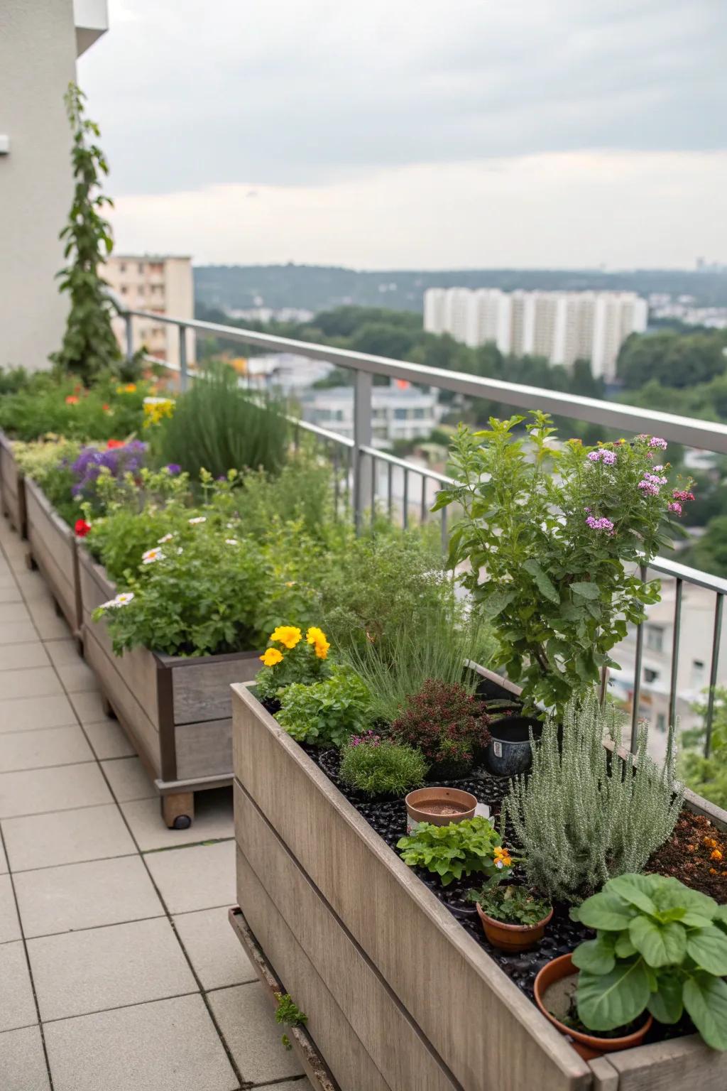 Raised planters providing easy access to a thriving garden.