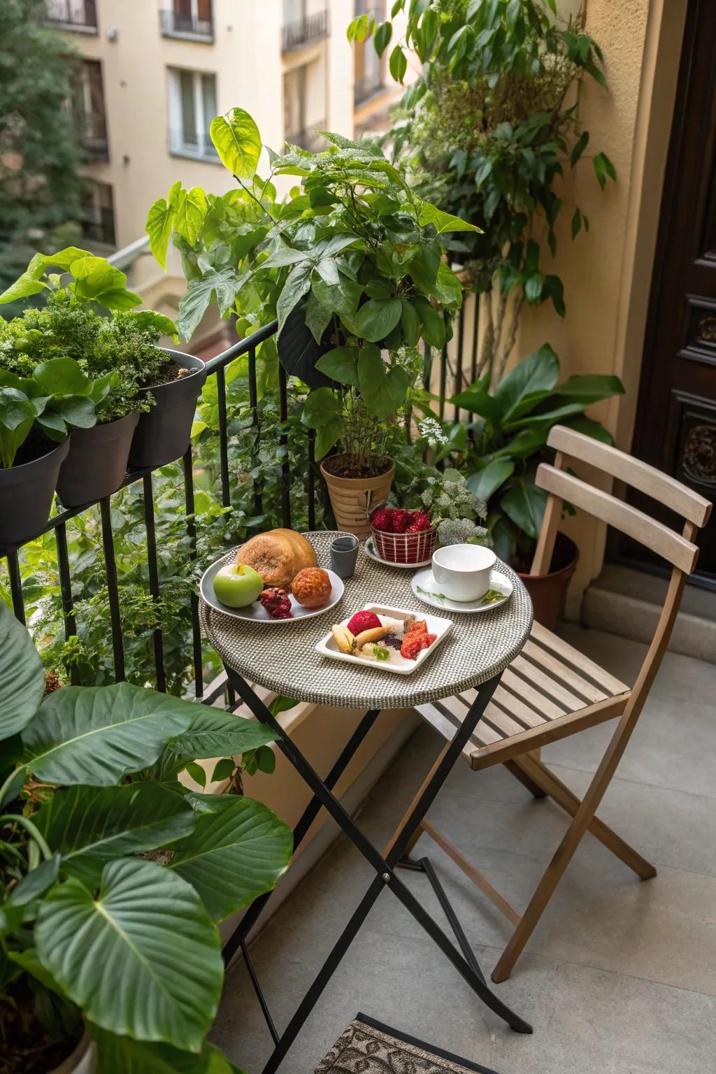 A bistro set is perfect for enjoying meals outdoors.