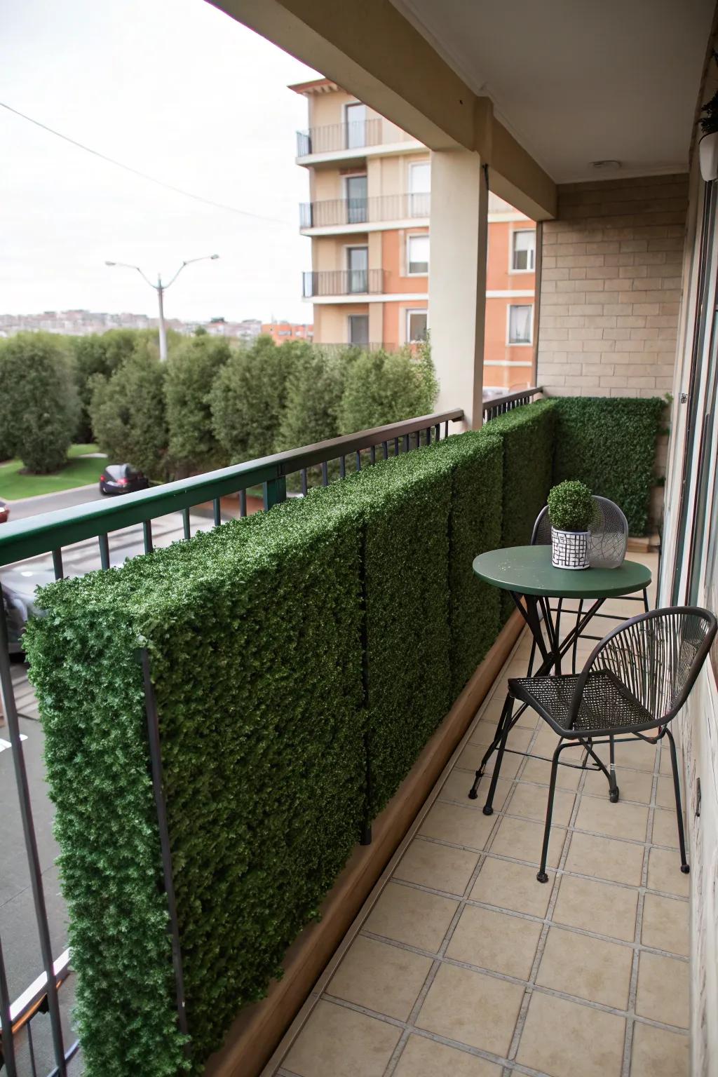 Artificial hedges offer a consistent green barrier without the need for maintenance.