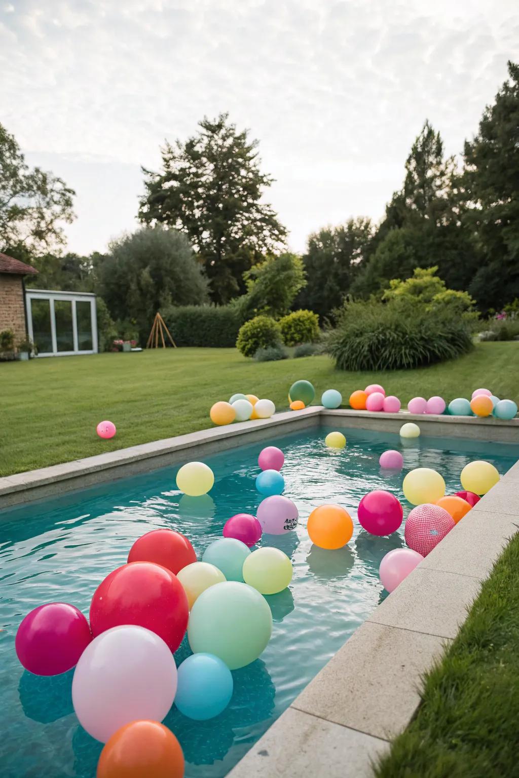Different balloon sizes create a dynamic and eye-catching pool display.