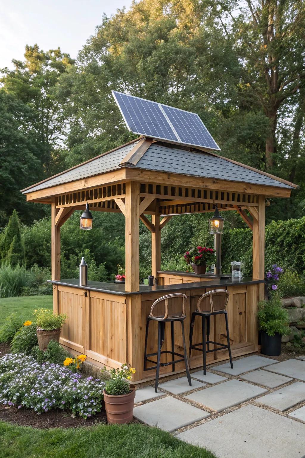 A solar-powered gazebo bar for sustainable outdoor living.