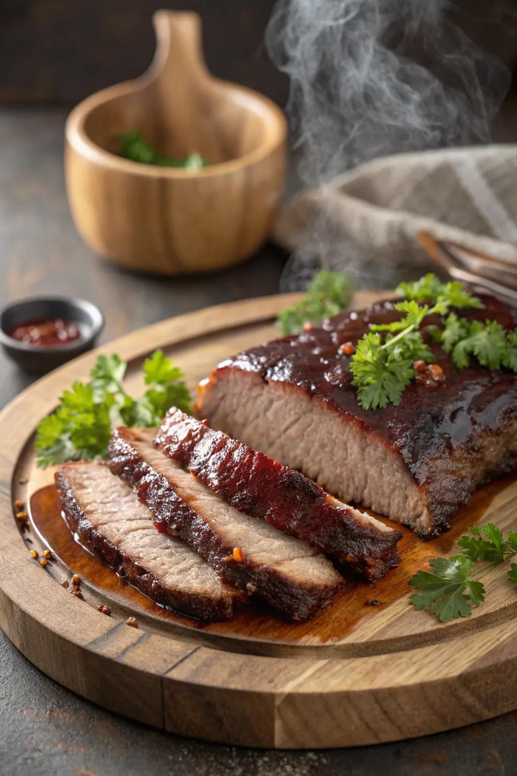 Tender Texan BBQ brisket with a rich glaze, ready to savor.