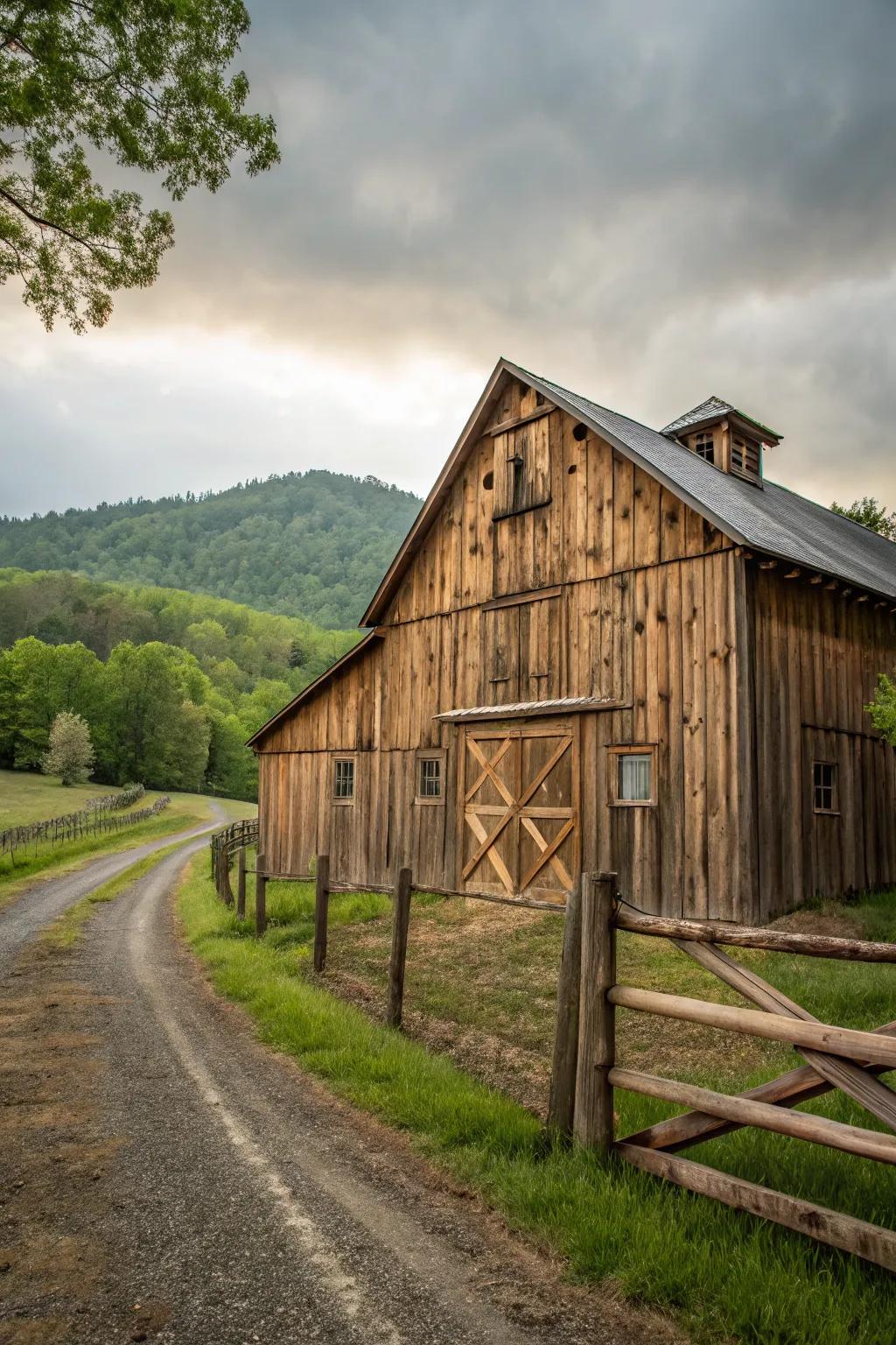 A barn with natural wood finishes highlighting its rustic charm.