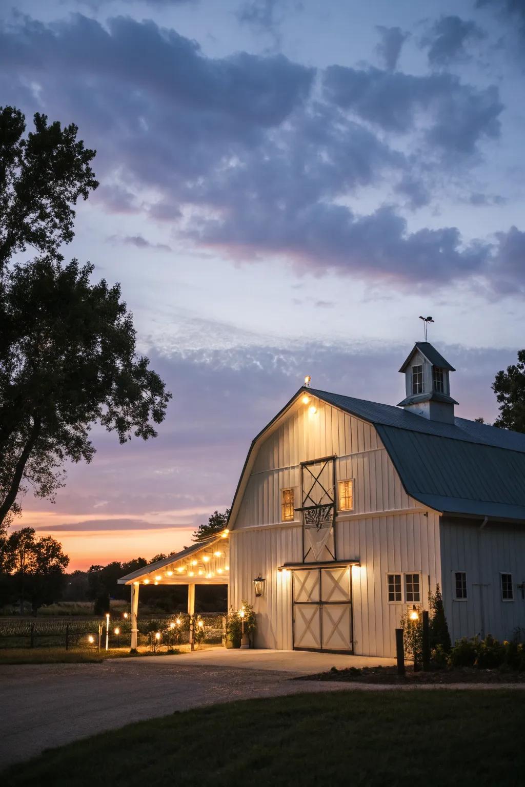 A barn beautifully lit with outdoor lighting for evening ambiance.